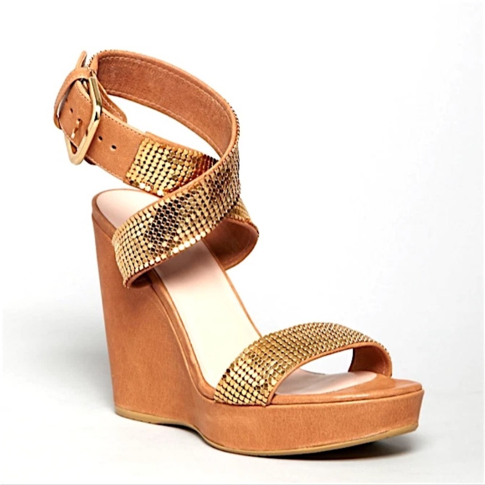 Stuart Weitzman Metallic Gold and Tan Wedges Size 10